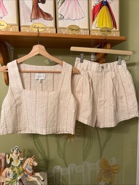 Matching Set: Striped Crop Tank & Shorts in Cream and Pink